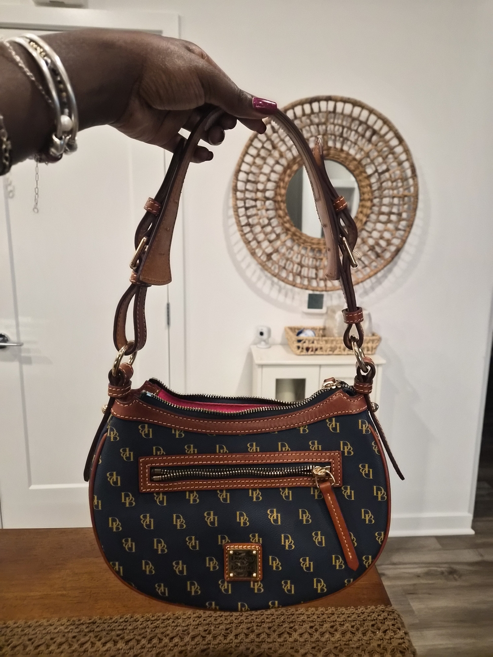 Dooney & Bourke Navy Monogram Shoulder Bag with Red Interior